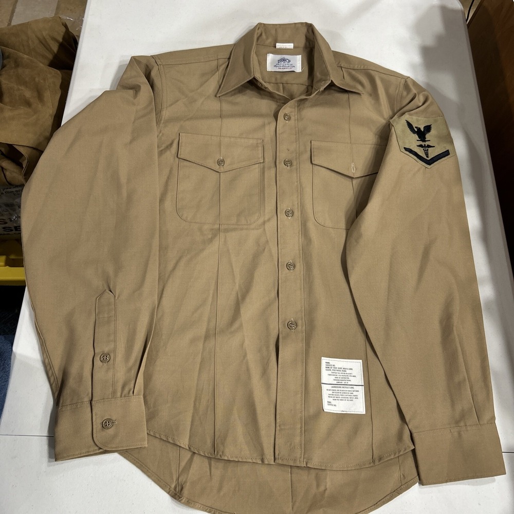 DSCP Mens Military Shirt 16x37 Brown Khaki Long Sleeve Navy HM Patch SP0100-05-D